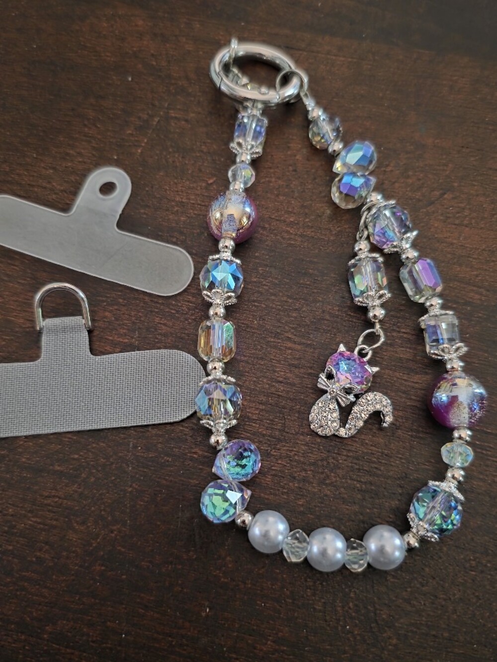 Iridescent Blue-Purple Beaded Phone Charm with Cat Crystal Accent